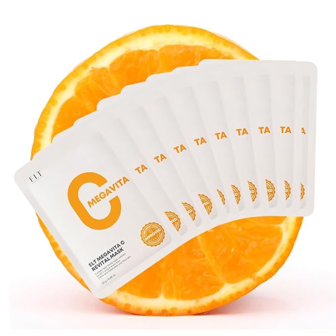 ELT Mega Vitamin C Sheet Mask, (25 g / 0.88 oz.) 10 EA Korean Face Mask, Brightening Sheet Mask, Soothing Facial Mask, Wrinkle Fighting, Deep Collagen, Korean Skin care