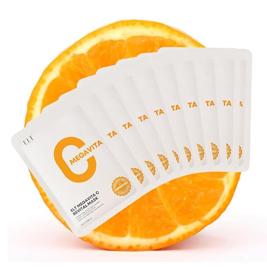 ELT Mega Vitamin C Sheet Mask, (25 g / 0.88 oz.) 10 EA Korean Face Mask, Brightening Sheet Mask, Soothing Facial Mask, Wrinkle Fighting, Deep Collagen, Korean Skin care
