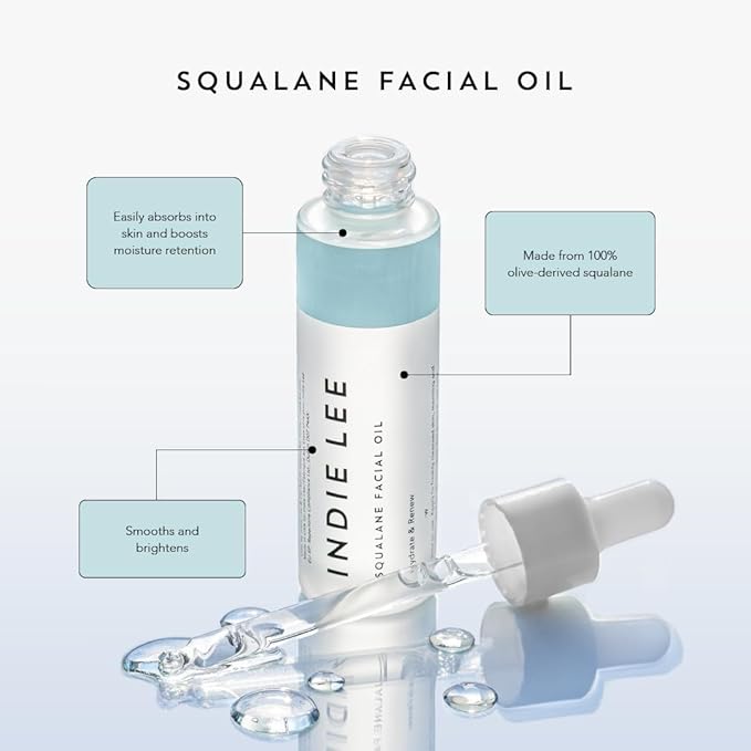 Indie Lee 100% Squalane Oil - Daily Face Oil & Hydrating Moisturizer for Dry Skin, Fine Lines and Wrinkles - Even Skin Tone, Brighten & Improve Texture, 10ml
