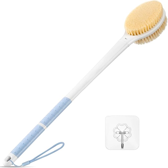 Back Scrubber Body Shower Brush: 20.5‘’ Extra Long Anti Slip Handle Bath Brush with Stiff and Soft Bristles - Showering Exfoliator Wet or Dry Brushing for Women, Men, Elderly (Blue)