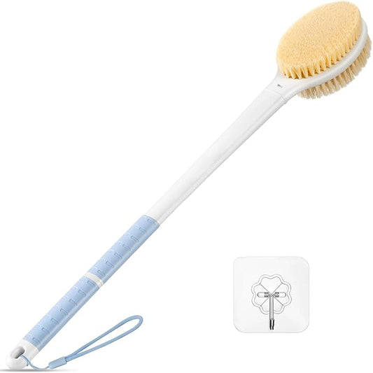 Back Scrubber Body Shower Brush: 20.5‘’ Extra Long Anti Slip Handle Bath Brush with Stiff and Soft Bristles - Showering Exfoliator Wet or Dry Brushing for Women, Men, Elderly (Blue)