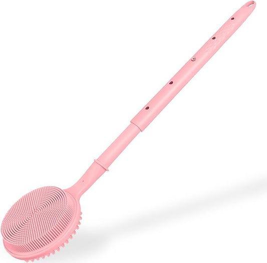 Back Scrubber for Shower, (16-24 Inch) Extendable Bath Brush Long Handle for Shower, Silicone Body Scrubber with Handle, Back Brush for Shower Men and Women,Easy to Clean (Pink)