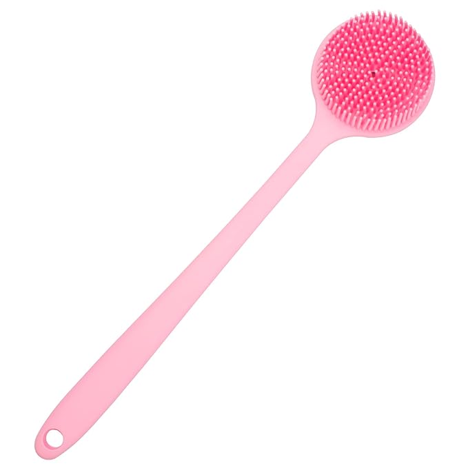 DNC Silicone Back Scrubber for Shower, Soft Bath Body Brush with Long Handle (Pink)