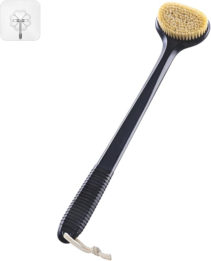 VANZAVANZU Dry Brushing Body Brush, 17-Inch Anti-Slip Handle Back Scrubber for Shower, Wet & Dry Brush with Natural Boar Bristles for Lymphatic Drainage, for Men & Women, Boar Bristles