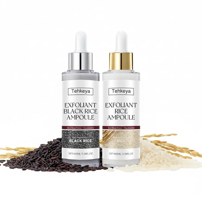 Black and White Rice Exfoliation Essence & Rice Peel Shot, 2 PCS White & Black Rice Facial Serum for Dead Skin Removal, Deep Cleansing & Pore Minimizing, Suitable for All Skin Types