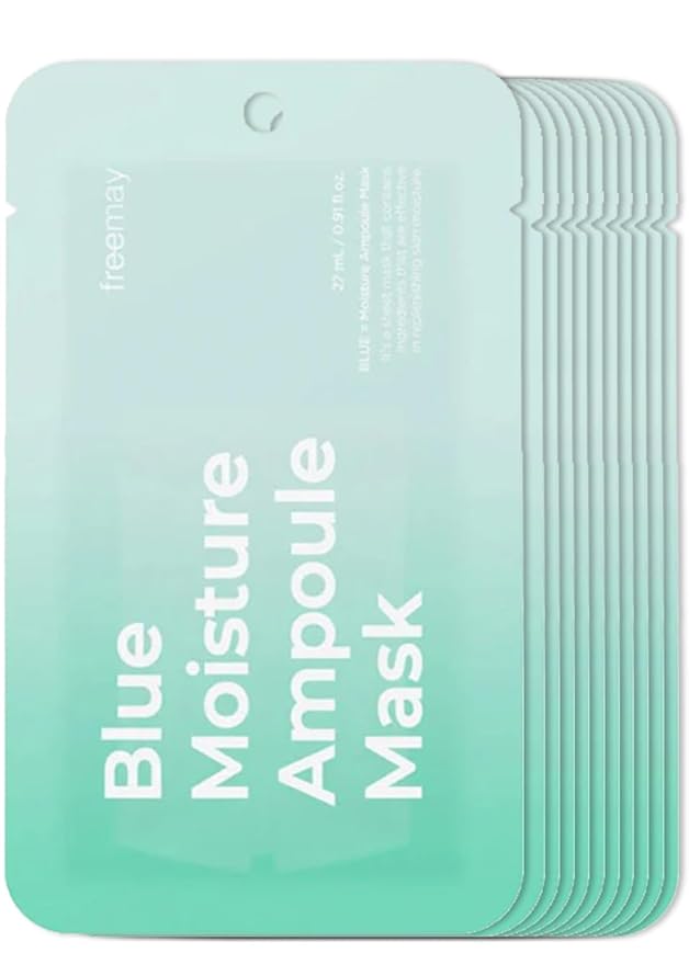 freemay Blue Moisture Ampoule Mask Deep Hydration with 8 Hyaluronic Acids & Phyto-Amino Acid Complex, Vegan Sheet Mask for Smoothing Fine Lines, Dry & Mature Skin, 10 Sheets