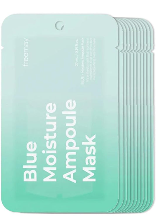freemay Blue Moisture Ampoule Mask Deep Hydration with 8 Hyaluronic Acids & Phyto-Amino Acid Complex, Vegan Sheet Mask for Smoothing Fine Lines, Dry & Mature Skin, 10 Sheets