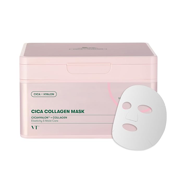 VT COSMETICS CICA Collagen Daily Mask 30 Sheets, 300Da Low Molecular Collagen for Skin Elasticity, Hydrating & Firming, Pink Collagen Essence, Korean Face Mask