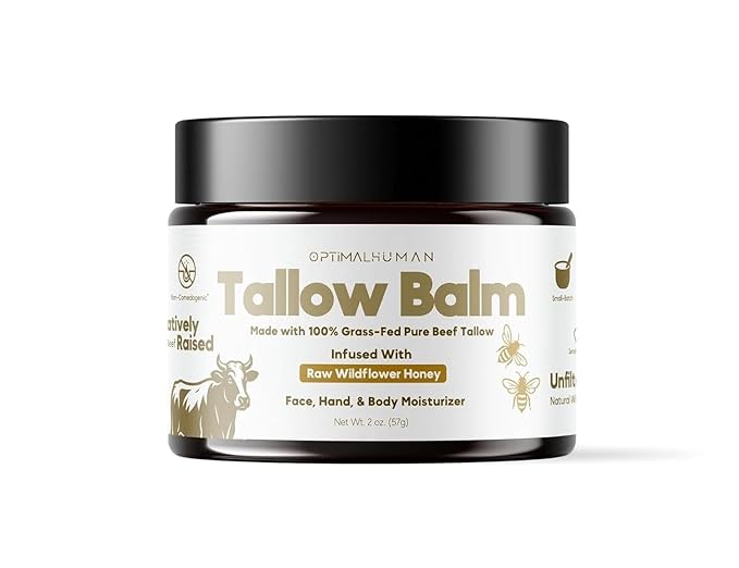 O H Grass-Fed Tallow Balm With Raw Honey - For Sensitive, Dry Damaged Skin - Face, Hand, and Body Moisturizer - Optimal Human