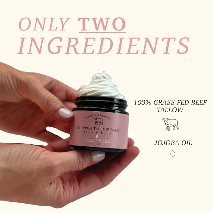 Nourish & Hyde Co. 100% Grass-Fed Tallow Whipped Balm & Lotion – 2 oz | Moisturizer for Face & Body | Beef Tallow for Skin | No Seed Oils, Handcrafted in USA