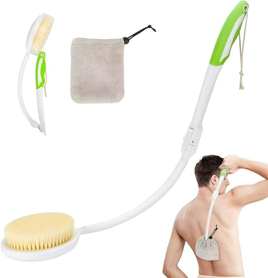 Back Scrubber Bath Brush for Shower Curved Long Handle, Foldable Handled Shower Body Brush Whith Absorbent Microfiber Bag Can Quickly Dry Your Back