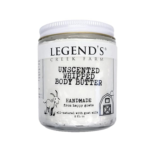 Legend's Creek Farm, Goat Milk Body Butter - Hydrating Natural Body Moisturizer with Organic Shea Butter & Grape Seed Oil - 8 Oz Purifying & Toning Whipped Body Butter (Unscented)