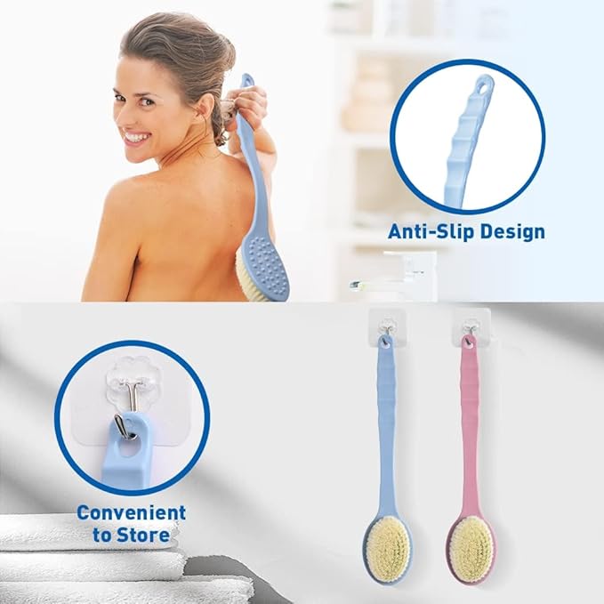 Back Scrubber for Shower with Handle, 2 PCS Bath Brush Stiff Bristles, Anti Slip, Body Exfoliator for Bath, Backbrush for Shower Men & Women