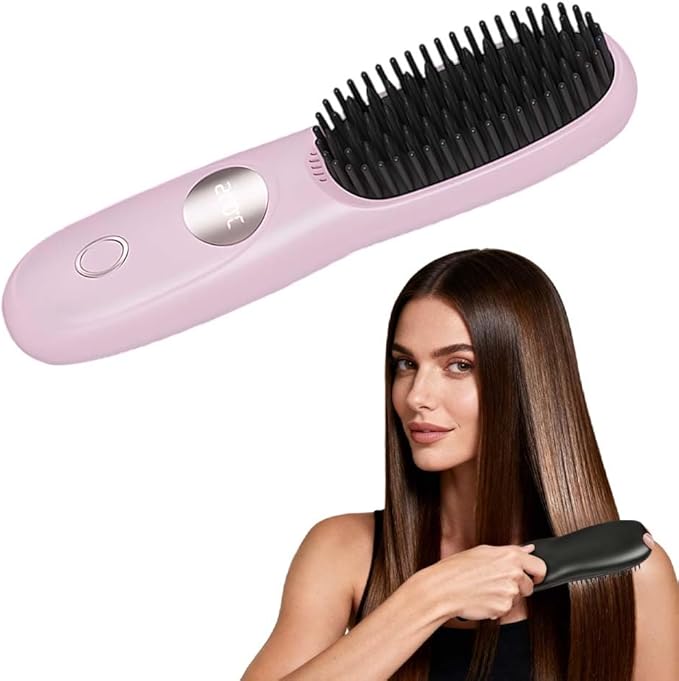 Cordless Hair Straightener Brush, Portable Mini Hair Straightening Brush with 3 Temperature Settings & LED Display, USB Rechargeable Fast Heating Hairs Brush for Travel (Pink)