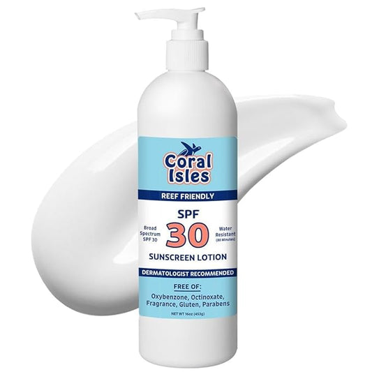 Coral Isles by Rocky Mountain Sunscreen | SPF 30 Lotion | Broad Spectrum UVA/UVB Protection | Hawaii Reef-Safe Act Compliant | Oxybenzone & Octinoxate Free | Water Resistant 80 Min. | 16 Fl Oz