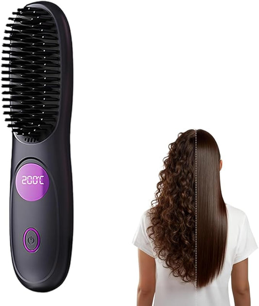 Cordless Hair Straightener Brush, Portable Mini Hair Straightening Brush with 3 Temperature Settings & LED Display, USB Rechargeable Fast Heating Hairs Brush for Travel (Black)