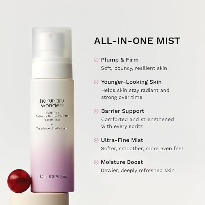 haruharu Wonder Black Rice Probiotics 2% NAD+ Serum Mist, Ultra-Fine Mist, Hydrating & Plumping, Barrier Support, Sensitive Skin, Ceramide, Korean Skincare, Vegan, 2.70 fl.oz
