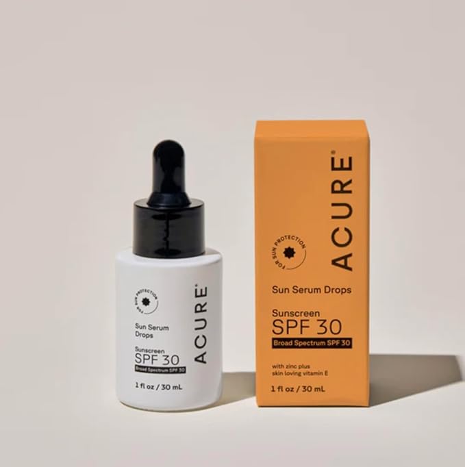Acure Sun Serum Drops SPF 30 - Hydrating Sunscreen Serum with Broad-Spectrum Protection, Skincare for Beauty Glow, Light & Sheer UV Shield, Use with Makeup, Travel Size, Sulfate Free, Vegan - 1 fl oz