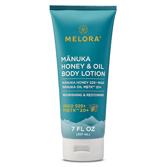 MELORA Manuka Honey Body Lotion (7oz), Moisturizing Lotion with Soothing Manuka Honey & Oil for Dry, Very Dry, Sensitive, or Aging Skin – Cream Moisturizer for Women & Men