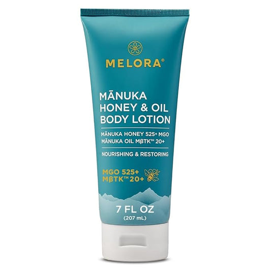 MELORA Manuka Honey Body Lotion (7oz), Moisturizing Lotion with Soothing Manuka Honey & Oil for Dry, Very Dry, Sensitive, or Aging Skin – Cream Moisturizer for Women & Men