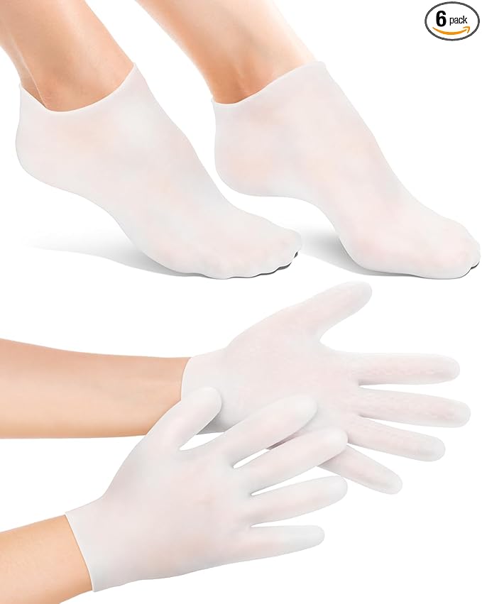 2 Pairs Silicone Moisturizing Glove Socks Set, Anti Slip Soft Spa Gel Socks Softening Feet Dry Cracked Skin, Women Spa Pedicure Socks for Foot Hand Softening, Foot Care After Pedicure (White)
