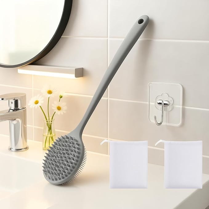 Silicone Body Scrubber for Shower Men Women – Dual-Sided Exfoliating & Massage Shower Brush with Long Handle, Creates Rich Lather, Includes 1 Hook & 2 Lather Balls (Gray).