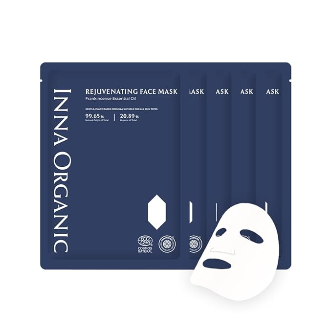 INNA ORGANIC Sheet Mask - Anti-aging & Tightening, EWG & COSMOS Certified (Pack of 5) | Frankincense Essential Oils Infused Skin Care | Luxury Clean Beauty