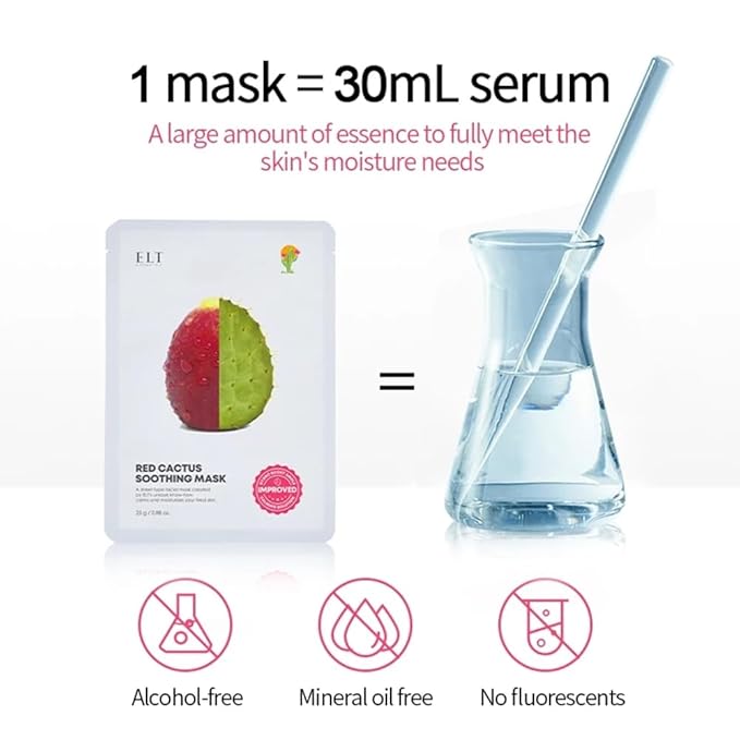ELT Red Cactus Extract (5,000 ppm) (25 g / 0.88 oz) 10 EA Korean Face Masks, Brightening Mask, Anti-Aging Wrinkle Fighting, Deep Collagen Mask, Korean Skin care