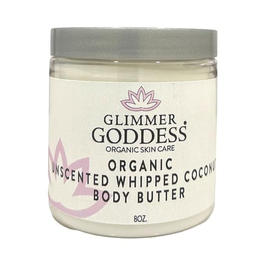 GLIMMER GODDESS Organic Vegan Whipped Coconut Oil & Vitamin E Body Butter - UNSCENTED, Moisturizing, Anti-aging, Skin Repairing, 8 oz.