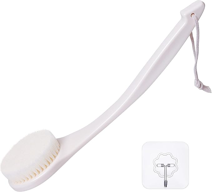 VANZAVANZU Shower Brush, Bath Body Brush with Soft Bristles, 15.4" Back Brush Long Handle for Shower, Dry Exfoliating Brush or Wet Shower Brush with Moderate Bristles, Cream White