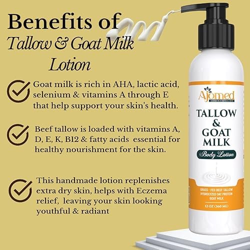 Tallow & Goat Milk Body Lotion for Sensitive Skin, Organic moisturizing Lotion - tallow for skin cream, Dry skin, Goat Milk face and body Moisturizer - Handmade Tallow lotion 12oz LAVENDER VANILLA