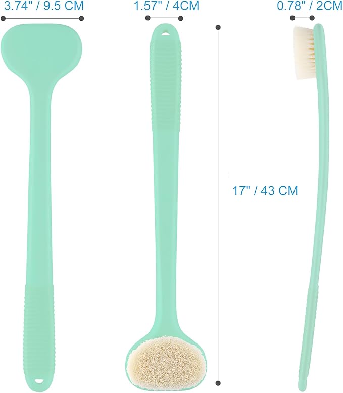 VANZAVANZU Back Scrubber for Shower, Bath Brush with 17-Inch Long Anti-Slip Handle, Wet and Dry Brushing Body Brush for Body Cleansing, Back Brush for Men and Women (Celadon Green)
