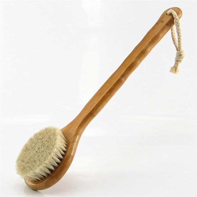 12.6” Long Handle Dry Bath Body Brush Back Scrubber, Bamboo Handle Shower Brush with Soft Horsehair Mane Natural Bristles, Great for Detox, Exfoliating, Cellulite, Blood Circulation, etc.