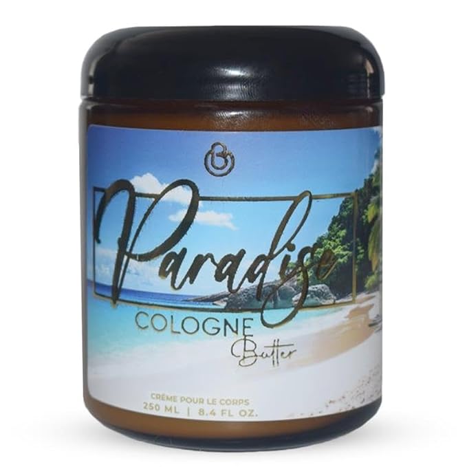 8.4 Fl. oz Cologne Body Butter – PARADISE | Scented Organic Cologne for Men & Women | Hydrating & Long-Lasting Fragrance with Coconut, Vanilla, Amber, Night Orchids & Warm Sands | Amber Glass Jar