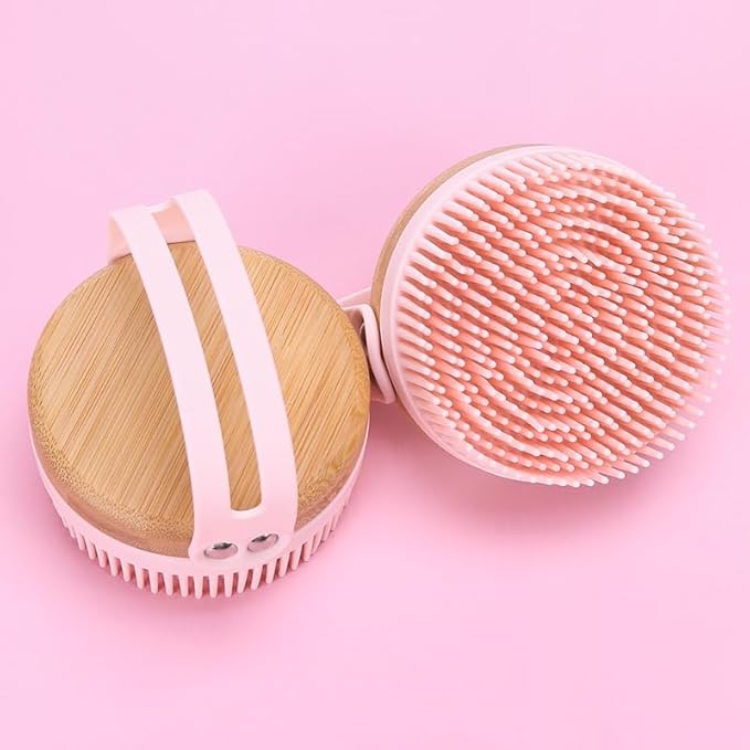 Bamboo & Silicone Body Scrubber for Shower – Gentle Exfoliating Bath Brush with Soft Bristles, Easy-Foam Design, Quick-Dry, Ergonomic Strap Handle, Eco-Friendly, for Women & Men (Pink)