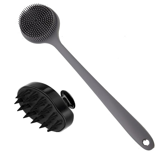 Silicone Body Scrubber & Scalp Massager, Long Handle Back Scrubber for Shower, Exfoliating Brush, Hair Dandruff Shampoo Brush for Men, Women & Kids