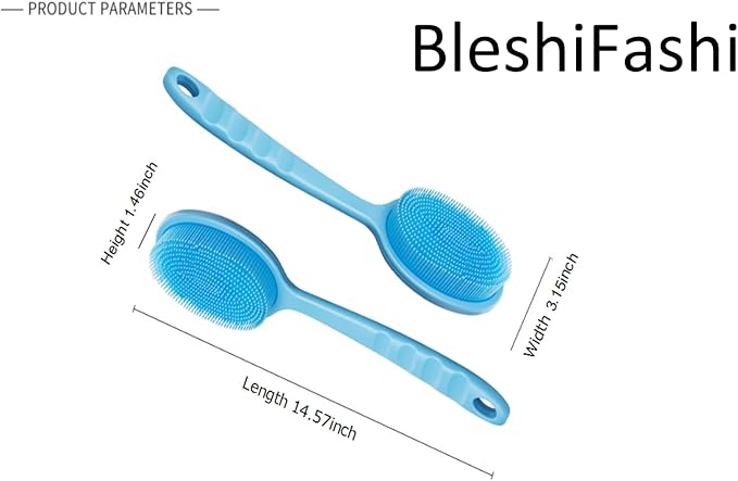 14.5inch Silicone Back Scrubber for Shower 2pcs（Blue）,Exfoliating Shower Brush,Double Sided for Exfoliating and Massage，Long Handle Back Scrubber for Men and Women. Includes 2 Hooks (2 Brushes)