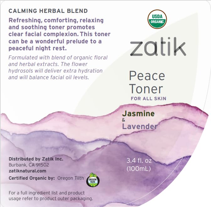 Zatik Naturals - Peace Toner with Jasmine and Lavender, USDA Organic, for All Skins, Refreshing, Comforting, Relaxing and Soothing, Promotes Clear Facial Complexion, 3.4 fl oz,100ml