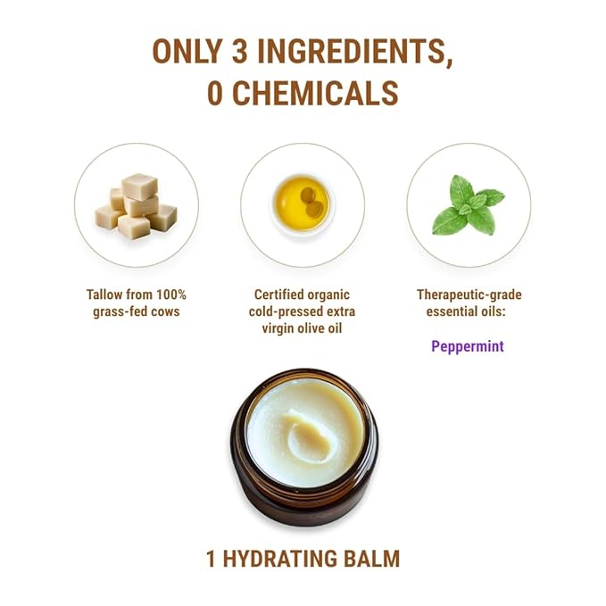 Vintage Tradition Beef Tallow All Purpose Balm - Healing, Hydrating Peppermint Skin Care Salve Replaces Body Lotion, Hand Cream, More - Essential Oil, Olive Oil, and Grass-Fed Tallow, 2 fl. oz.