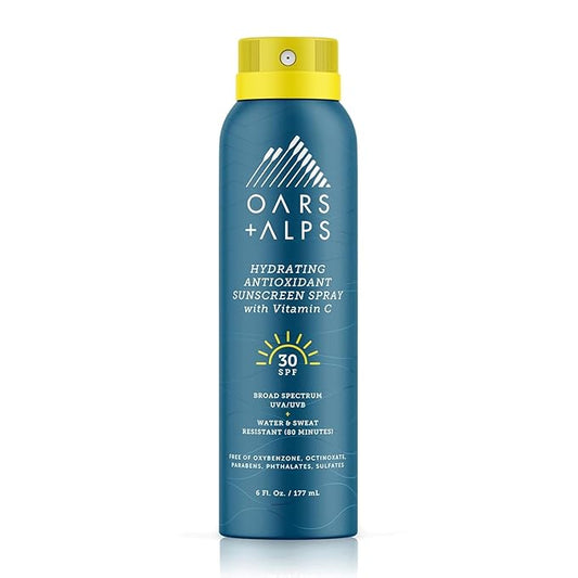 Oars + Alps Sunscreen Spray for Face & Body Spray Sunscreen Infused with Vitamin C & Antioxidants, No White Residue, Water & Sweat Resistant, All Skin Types, Lightweight, Hydrating, SPF 30, 6 Oz, 1pk