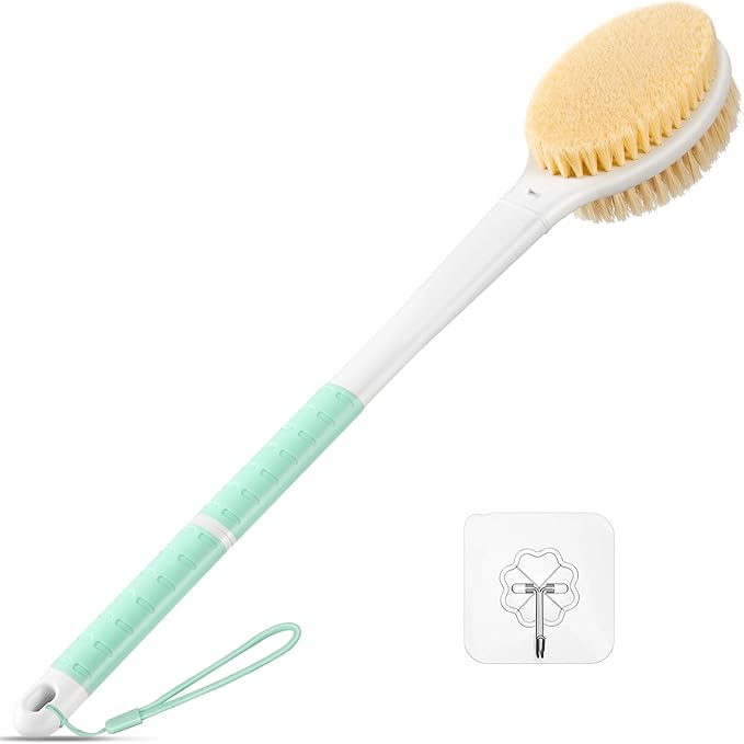 Back Scrubber Body Shower Brush: Anti Slip Long Handle Bath Brush with Stiff and Soft Bristles - Showering Exfoliator Wet or Dry Brushing for Women, Men, Elderly (Mint Green)