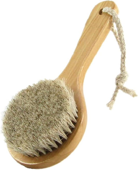 7.87” Short Handle Dry Bath Body Brush Scrubber, Wood Handle Soft Horsehair Mane Natural Bristles Shower Brush, Good for Cellulite, Detox, Exfoliating, Blood Circulation, etc.