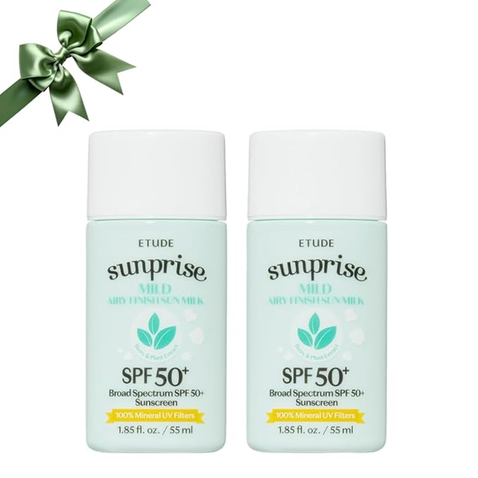 ETUDE Sunprise Mild Airy Finish Sun Milk Duo Set (55ml*2) SPF50+ / PA++++ | Sebum-free, Non-Sticky, Long Lasting Protection, 100% Mineral Based Korean Sunscreen, Korean Skin Care, Pefect for Gift