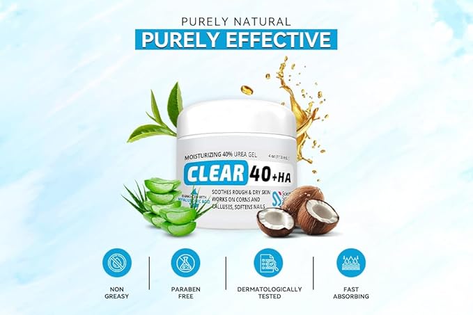 Urea 40% + 1% Hyaluronic Acid (4oz) | Softens Cracked Heels & Dry Skin Urea Cream 40 Percent for Feet Maximum Strength - Infused w/ Tea Tree & Coconut Oil | Callus & Corn Treatment | Made in USA