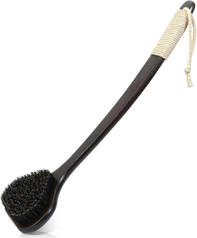 Bamboo Back Scrubber with Curved Long Handle, 17.3 Inches Exfoliating Shower Brush with Extra Stiff Bristles for Men and Women, Back Washer Body Exfoliator for Bath or Dry Brushing