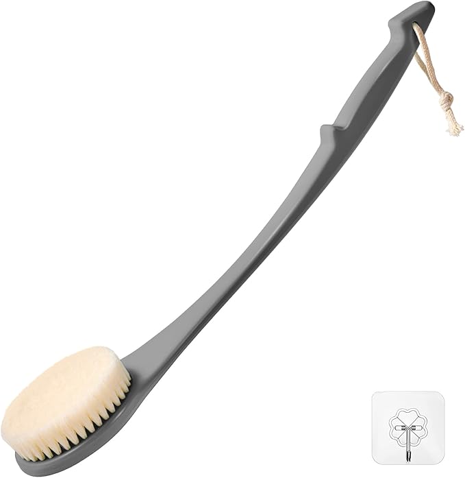 Back Scrubber for Shower, 17-Inch Shower Brush for Men and Women, Long Handle Exfoliating Body Brush, Medium Bristle Stiffness for Dry or Wet Brushing (Deep Gray)
