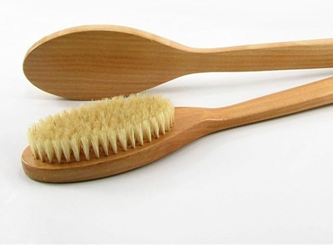 16” Extra Long Handle Dry Bath Body Brush Back Scrubber, Wood Handle Natural Bristles Bath & Shower Brush, Good for Detox, Exfoliating, Blood Circulation, etc. (Horsehair Bristles)