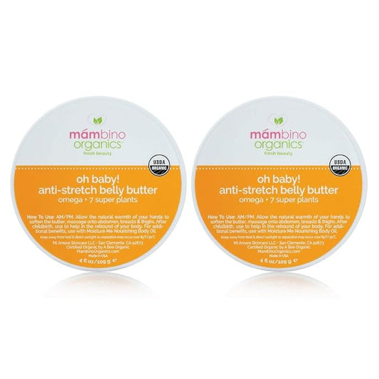 Mambino Organics Oh Baby! Belly Butter, Belly Cream with Shea Butter for Pregnancy, Minimizes Stretch Marks, Vegan, Cruelty-Free, Maternity Skin Care, 2-Pack, 4 fl oz