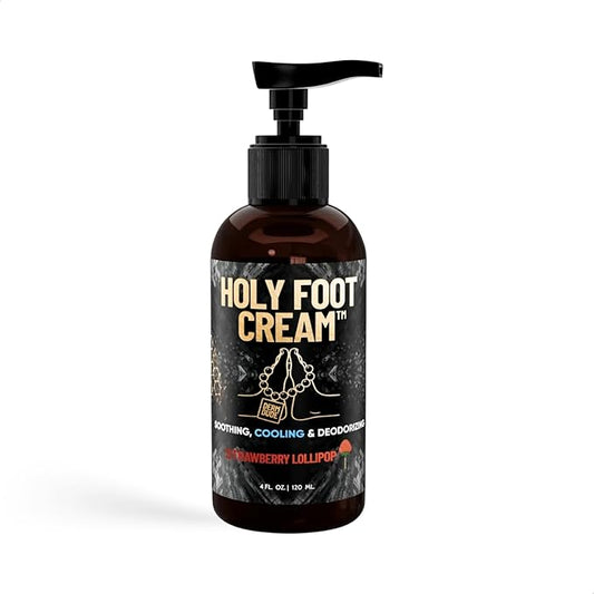 Derm Dude Holy Foot Cream for Dry Cracked Heels and Feet | Moisturizing Lotion Formulated w/All-Natural DeoPlex for Odor Control & Arrowroot for Deep Hydration - Strawberry Lollipop Scent 4oz (1pack)