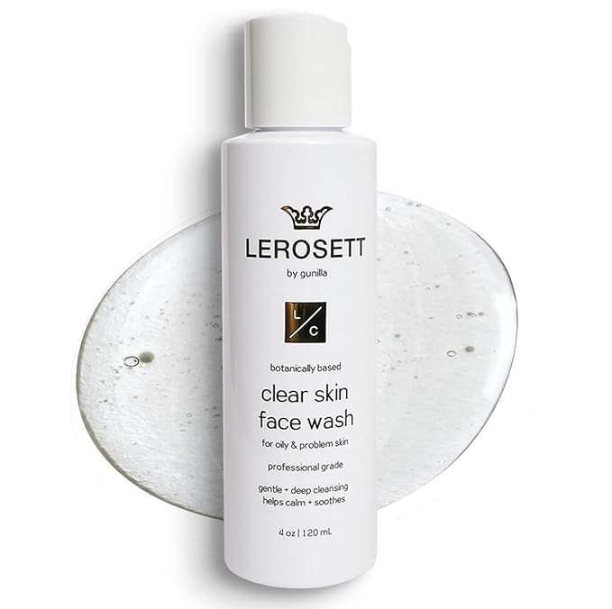 LEROSETT® Clear Skin Face Wash – Gentle Gel Cleanser with 60% Aloe-Rich Botanicals, 4% Glycolic Acid & Vit-E Microbeads – Fights Breakouts, Unclogs Pores, Balances Oil – Spa-Grade, Vegan – 4oz